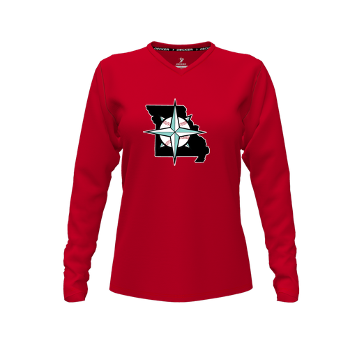 [CUS-DFW-TEES-CMF-VNK-LSL-RED-FYXS-LOGO3] Decker Comfort T-Shirt (Female Youth XS, Red, V Neck, Logo 3, Long Sleeve)